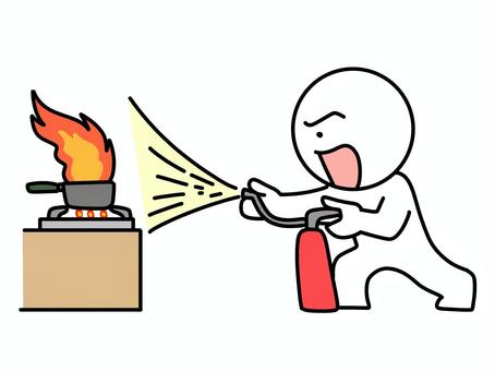 消化する棒人間 消火器,棒人間,炎,消化活動,噴射,燃える,消す,鍋,台所,かわいいのイラスト素材