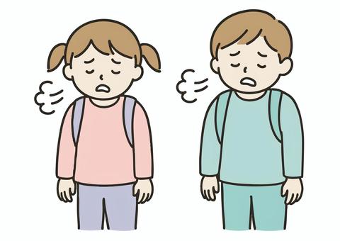落ち込んだ表情のランドセルを背負う小学生 小学生,男の子,女の子,ランドセル,児童,低学年,高学年,落ち込む,憂鬱,がっかりのイラスト素材