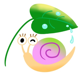 雨上がりのカタツムリ　ピンク　手描き カタツムリ,でんでん虫,雨,梅雨,葉っぱ,雨上がり,しずく,ゆるい,ユニーク,かわいいのイラスト素材