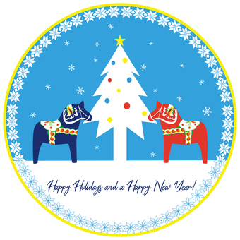 ダーラナホースSNS用冬の挨拶青丸背景 クリスマス,冬,馬,クリスマスツリー,青,ダーラナホース,カラフル,コントラスト,北欧,雪のイラスト素材