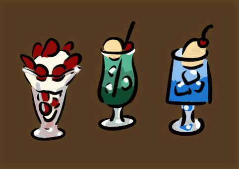 レトロ喫茶のスイーツセット スイーツ,パフェ,クリームソーダ,メロンソーダ,ブルーソーダ,ソーダフロート,ストロベリーパフェ,チェリー,レトロ喫茶,喫茶店のイラスト素材