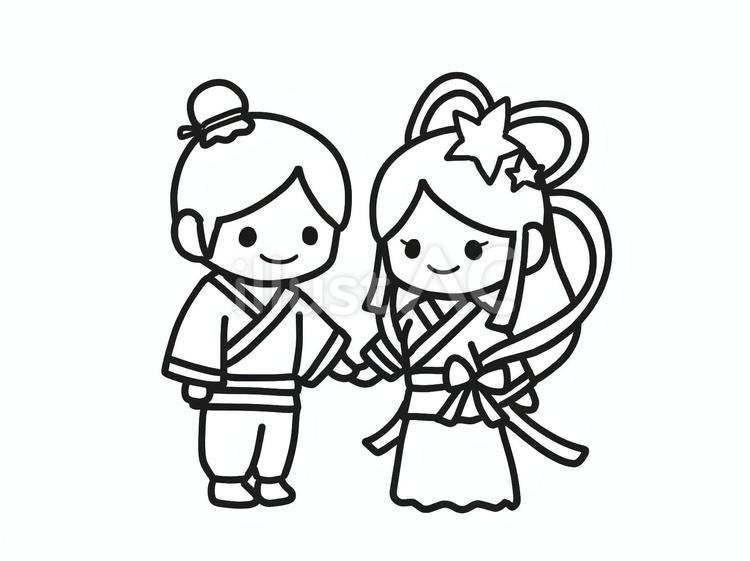 彦星と織姫　塗り絵 七夕,彦星,織姫のイラスト素材