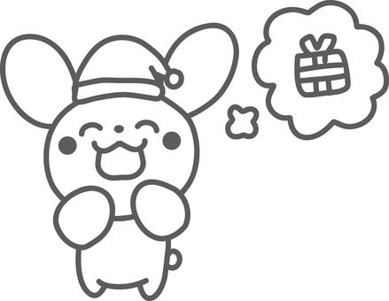クリスマスプレゼントを楽しみにしている絵 クリスマス,プレゼント,うさぎ,線画,白黒,塗り絵,サンタ,帽子,ワクワク,楽しみのイラスト素材