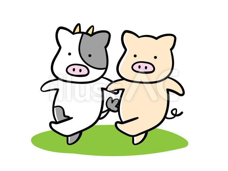 らんらんな家畜たちのイラスト 動物,うし,ぶたのイラスト素材