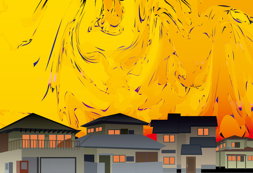 火災住宅地 火災,燃え上がる,被害,住宅地,民家,町中,建物,屋根,風景のイラスト素材