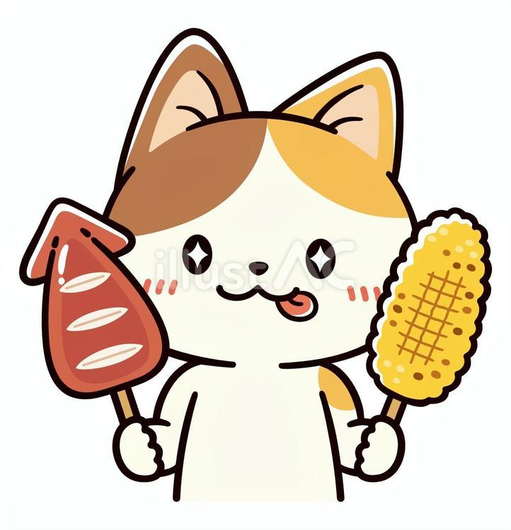 美味しそうな屋台グルメにウキウキな三毛猫 イカ焼き,焼きもろこし,屋台のイラスト素材