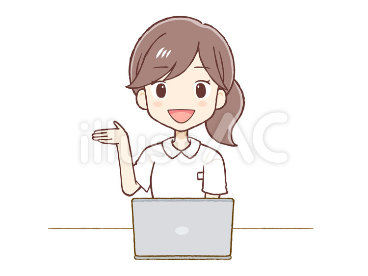 パソコン前で右手をあげて案内する白衣女性 案内,女性,女のイラスト素材