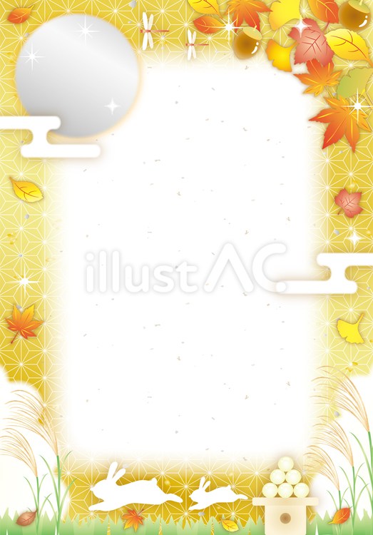 お月見の紅葉と草原金色カード（縦） 秋,お月見,すすきのイラスト素材