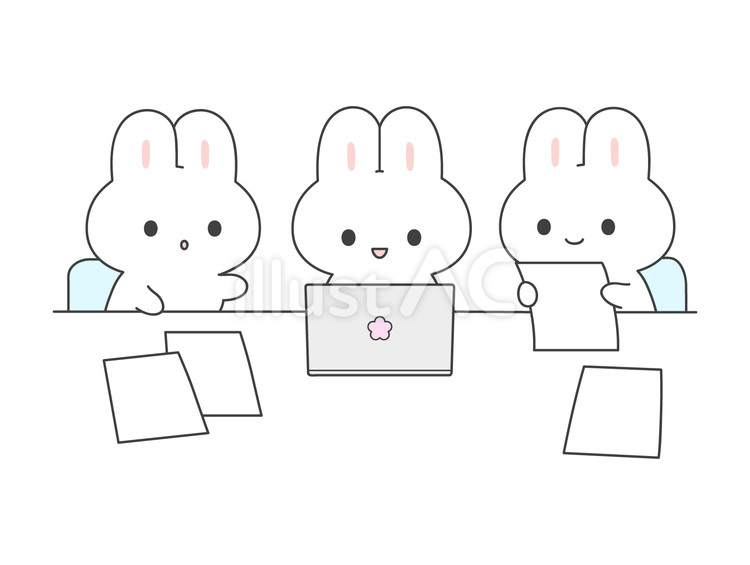 会議するうさぎ達のイラスト　3人 会議,うさぎ,動物のイラスト素材