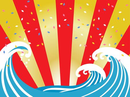 浮世絵風の波しぶきと日の出の背景フレーム 波しぶき,日の出,フレーム,荒波,波,初日の出,紙吹雪,年賀状,お正月,縁起のイラスト素材