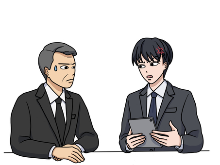 中年上司に怒って説明するスーツ姿の男性 タブレット,プレゼン,スーツ,怒る,焦る,困惑,反発,不満,反論,対応のイラスト素材