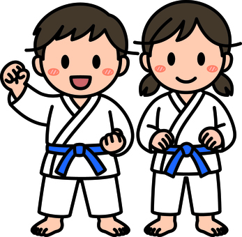 青帯の柔道・空手の子供たちです。 柔道,空手,シンプル,道着,武道,格闘技,道場,スポーツ,日本,文化のイラスト素材