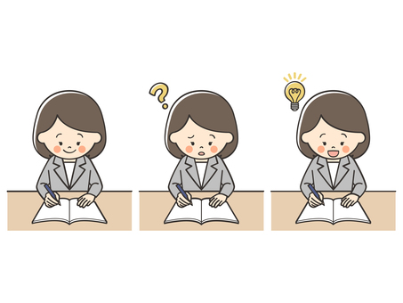 勉強をするスーツの女性のセット 勉強,学習,学ぶ,先生,講師,教師,塾,授業,大学,資格のイラスト素材