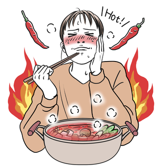 辛い料理を食べる女性（文字あり） 辛い,激辛,唐辛子,鍋,冬,熱い,辛党,食べる,食事,美味しいのイラスト素材
