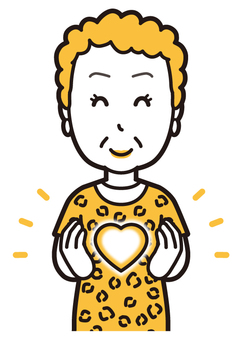  大阪のおばちゃん(黄)-144-バスト ハート,おばちゃん,大阪,ヒョウ柄,おばはん,中年,女性,関西,派手,おばさんのイラスト素材