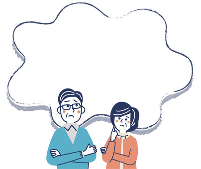 モヤモヤする年配夫婦 モヤモヤ,悩む,困る,疑問,ふきだし,夫婦,カップル,かわいい,カラフル,シンプルのイラスト素材