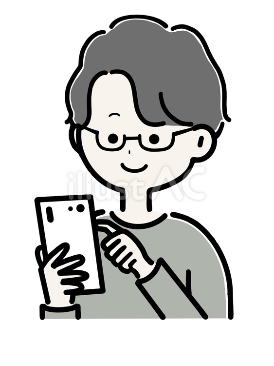 スマホを持つメガネの男性　笑顔  スマホ,スマートフォン,携帯電話のイラスト素材