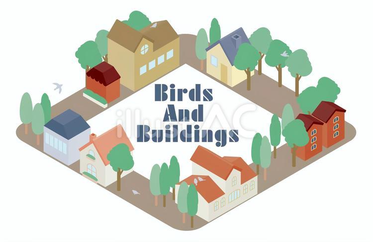 鳥と建物(ロの字) 都市,都市開発,都市計画のイラスト素材