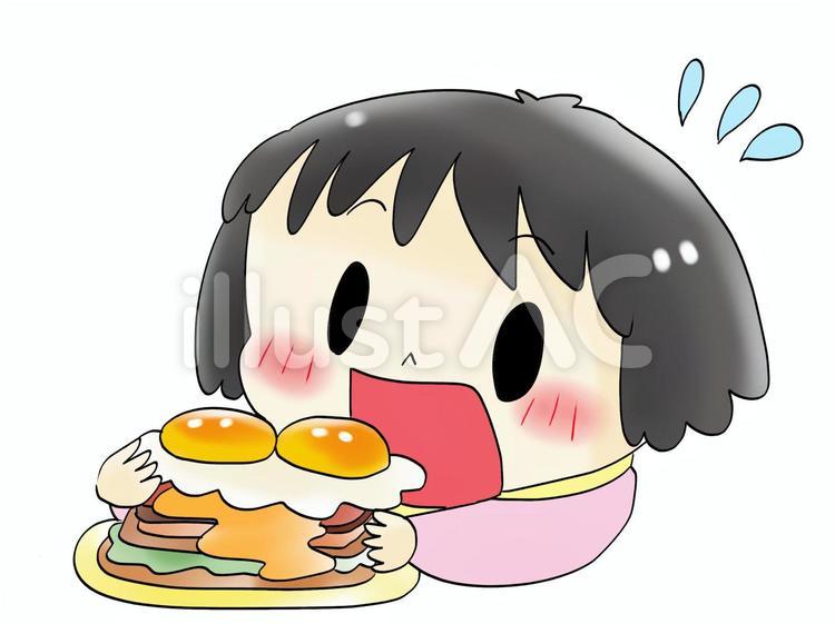 ちびモブ会社員、大口で食べる女の子 女の子,食事,目玉焼きのイラスト素材