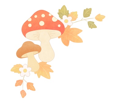 きのこと秋色リーフの装飾アレンジ４ きのこ,キノコ,葉っぱ,リーフ,秋色,紅葉,装飾,飾り,あしらい,デコレーションのイラスト素材