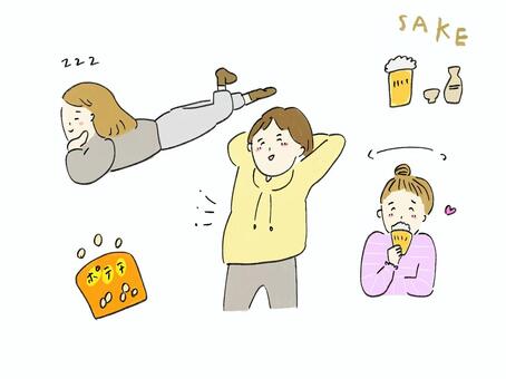 寝正月だらだら三昧カラー 寝正月,だらだら,ぐーたら,休み,お酒,ビール,食べすぎ,満腹,正月,冬休みのイラスト素材