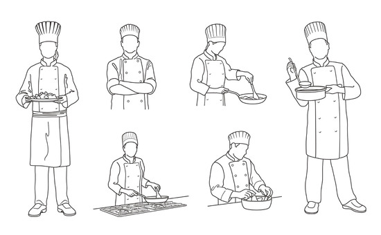 シェフのベクター線画イラストセット シェフ,セット,コック,人物,仕事,料理,グルメ,職種,料理人,料理長のイラスト素材