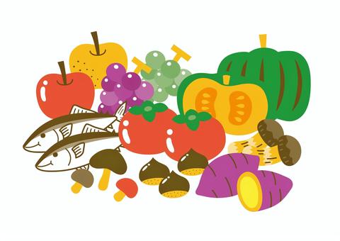 ポップでかわいい秋の味覚のイラスト02 秋の味覚,秋,紅葉,サンマ,リンゴ,梨,ブドウ,マスカット,シャインマスカット,柿のイラスト素材