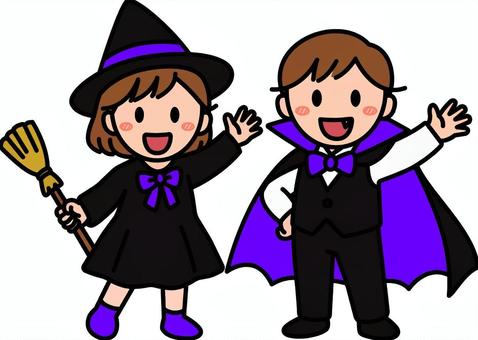 ハロウィンコスプレの紫の子供です。 ハロウィン,シンプル,コスプレ,仮装,衣装,ゴシック,ホラー,子供,イベント,パーティーのイラスト素材