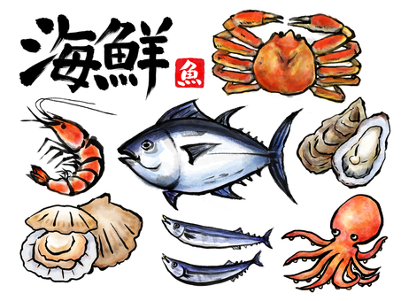 魚介類　海鮮　セット 海鮮,カニ,蟹,海老,鮪,牡蠣,カキ,ホタテ,帆立,ずわい蟹のイラスト素材
