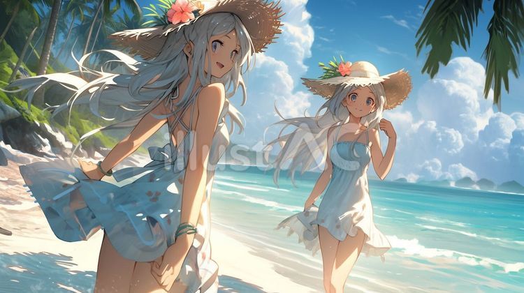 ビーチで楽しげな女の子たち＿アニメイラスト - No: 24039321｜無料