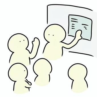 ポスター見ながら会議する人たち 書類,プリント,用紙,ポスター,掲示,人,話し合い,協議,会議,ミーティングのイラスト素材