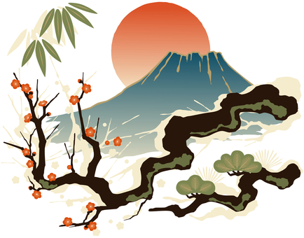 純和風の松竹梅、富士山と初日の出 純和風の松竹梅、富士山と初日の出 松竹梅,富士山,初日の出,和風,縁起物,梅,花,竹,笹,日の出のイラスト素材