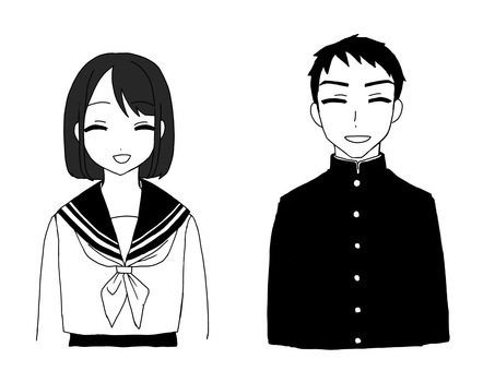 中学生 中学生,上半身,モノクロ,漫画風,セーラー服,学ラン,セット,可愛いのイラスト素材