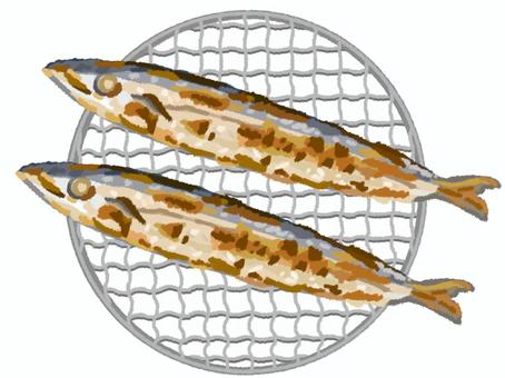 丸型の金網に乗ったさんまの塩焼き さんま,秋刀魚,網,焼き魚,焼く,秋,魚,金網,調理,旬のイラスト素材