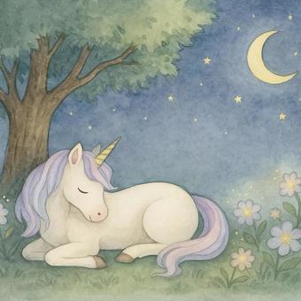 夜の森で眠るユニコーン　月明り　おとぎ話