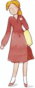 バッグを持つ女性 女性,バッグ,ワンピース,立位,水彩,線画,笑顔のイラスト素材