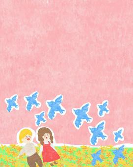 幸せの青い鳥♪ かわいい,幸せの青い鳥,鳥,動物,生き物,飛ぶ,こども,男の子,女の子,人のイラスト素材