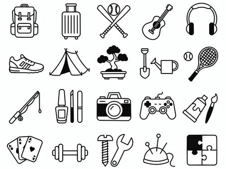 趣味のアイコン 趣味,アイコン,白黒,線画,複数,アウトドア,スポーツ,トランプ,ダンベル,ネイルのイラスト素材