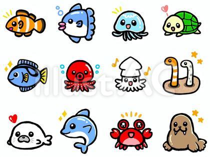 水族館の生き物のアイコンイラストセット