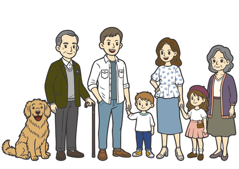 6人家族-1-3世帯・犬 老夫婦,老人,高齢者,おじいちゃん,おばあちゃん,祖父母,祖父,祖母,年寄り,お年寄りのイラスト素材