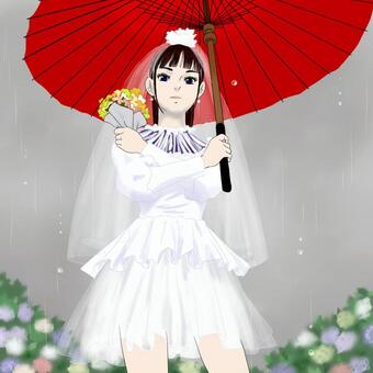 六月の花嫁　雲背景 花嫁,ジューンブライド,ウエディングドレス,ミニスカート,ミニブーケ,和傘,雨,梅雨,六月,アジサイのイラスト素材