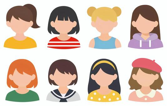 女の子の髪型・服装アバター8種セット 女の子,アバター,アイコン,髪型,バリエーション,人物,顔,上半身,カジュアル,主婦のイラスト素材
