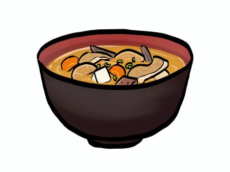 豚汁のイラスト （筆タッチ） 豚汁,味噌汁,汁物,味噌,豚肉,大根,人参,ゴボウ,豆腐,ネギのイラスト素材
