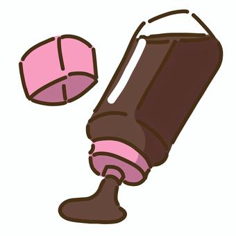 桃色の蓋と中身を出しているソース７ ソース,調味料,焦げ茶,食べ物,茶,桃色,ピンク,四角のイラスト素材
