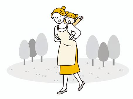 女の子をおんぶして外を散歩するお母さん 親子,女の子,子ども,おんぶ,お母さん,女性,楽しい,にっこり,ママ,背負うのイラスト素材