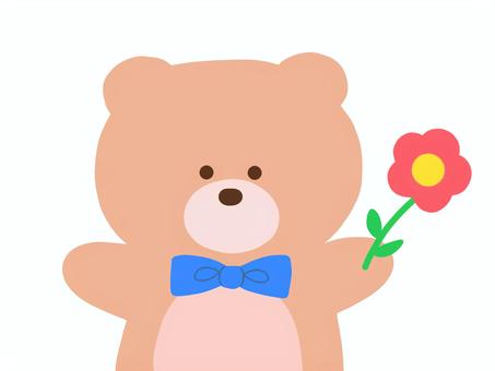 贈り物のお花を持つクマさん　手描き くま,フラワー,テディベア,贈り物,ギフト,プレゼント,可愛い,ぬいぐるみ,ワンポイント,白バックのイラスト素材