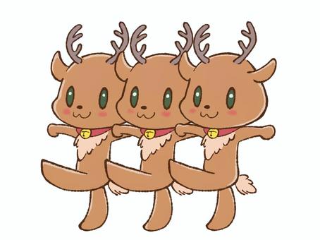 並ぶトナカイ クリスマス,メリークリスマス,トナカイ,動物,並ぶ,ダンス,三匹,かわいい,12月,手描きのイラスト素材
