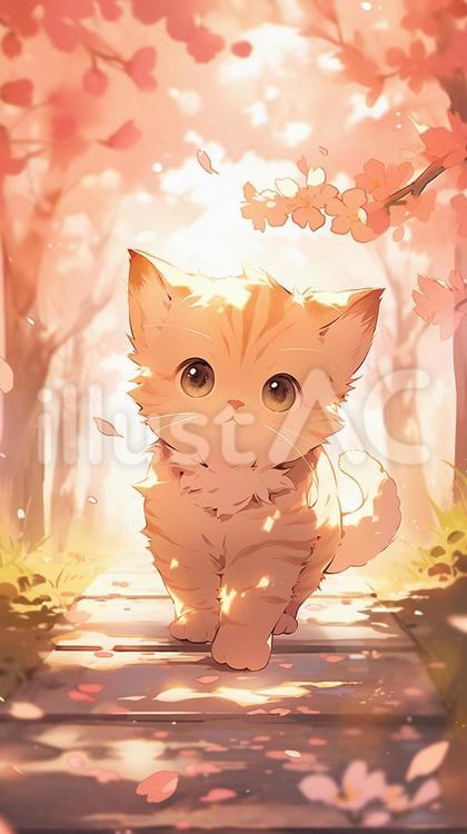桜並木道とネコα4 動物,ネコ,植物のイラスト素材