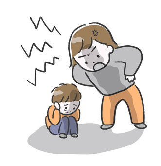威圧的に叱る母親１ 叱る,怒る,威圧的,プレッシャー,躾,虐待,しんどい,怖い,ガミガミ,トラウマのイラスト素材