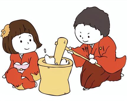 Two people playing mochi, rice cake, pounding mochi, mortar, JPG